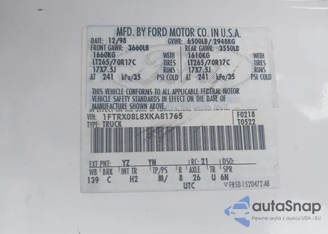 1999 Ford F-150 Lariat/Xl/Xlt from USA, damaged, VIN 1FTRX08L8XKA81765